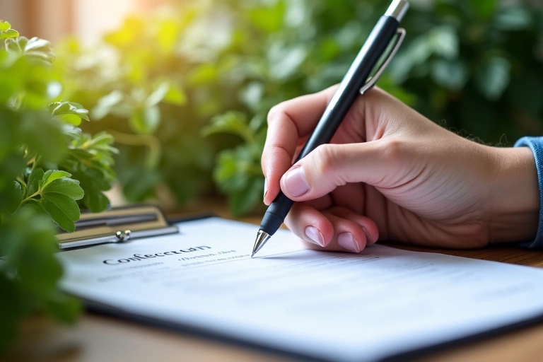 Person writing a message on a contact form with a pen and paper, surrounded by plants and natural light