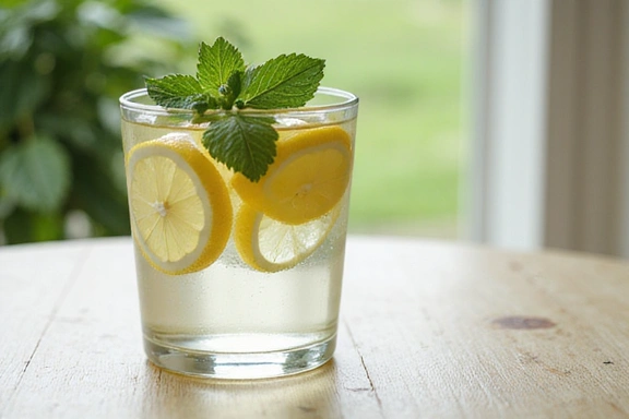 Un vaso de agua fresca con rodajas de limón y menta, representando la hidratación.