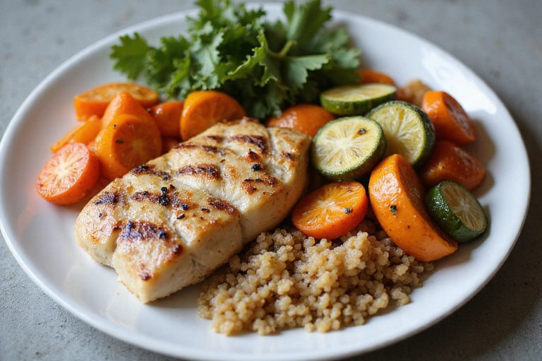 Variedad de alimentos saludables en un plato, mostrando una comida equilibrada y deliciosa.