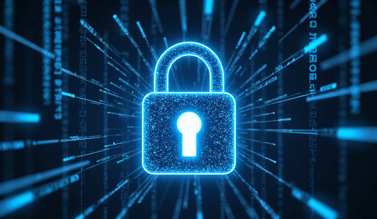 Ilustración de un candado digital y datos fluyendo de forma segura, representando la ciberseguridad.