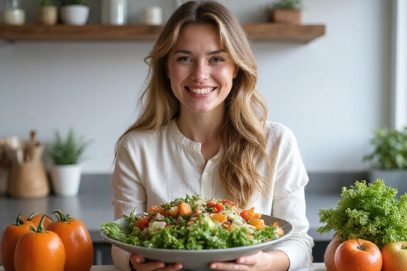 Mujer sonriendo y comiendo una ensalada saludable